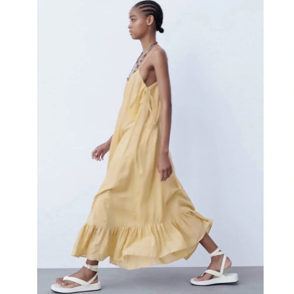 Zara embroidered ruffly embellished long cotton summer dress
